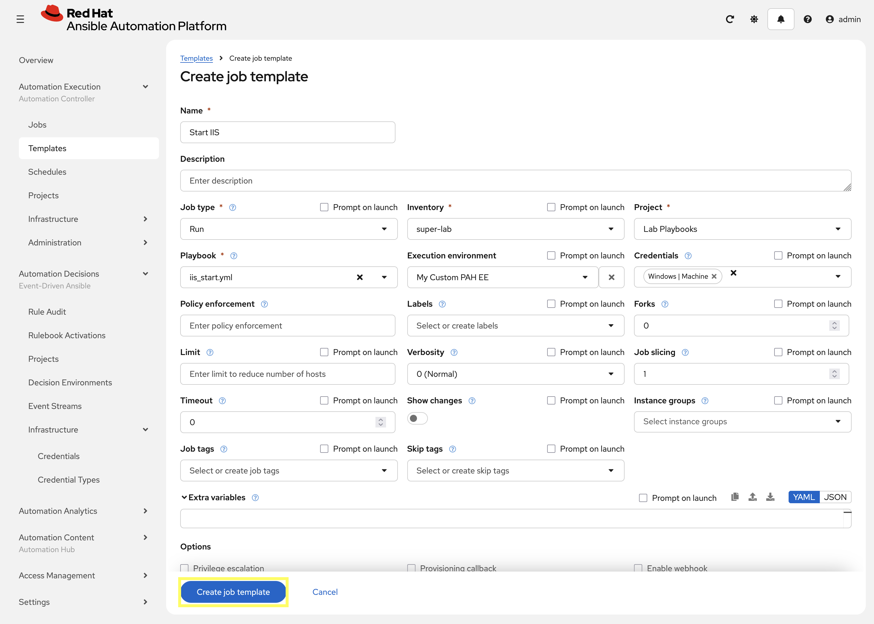 Create Job Template Dialog