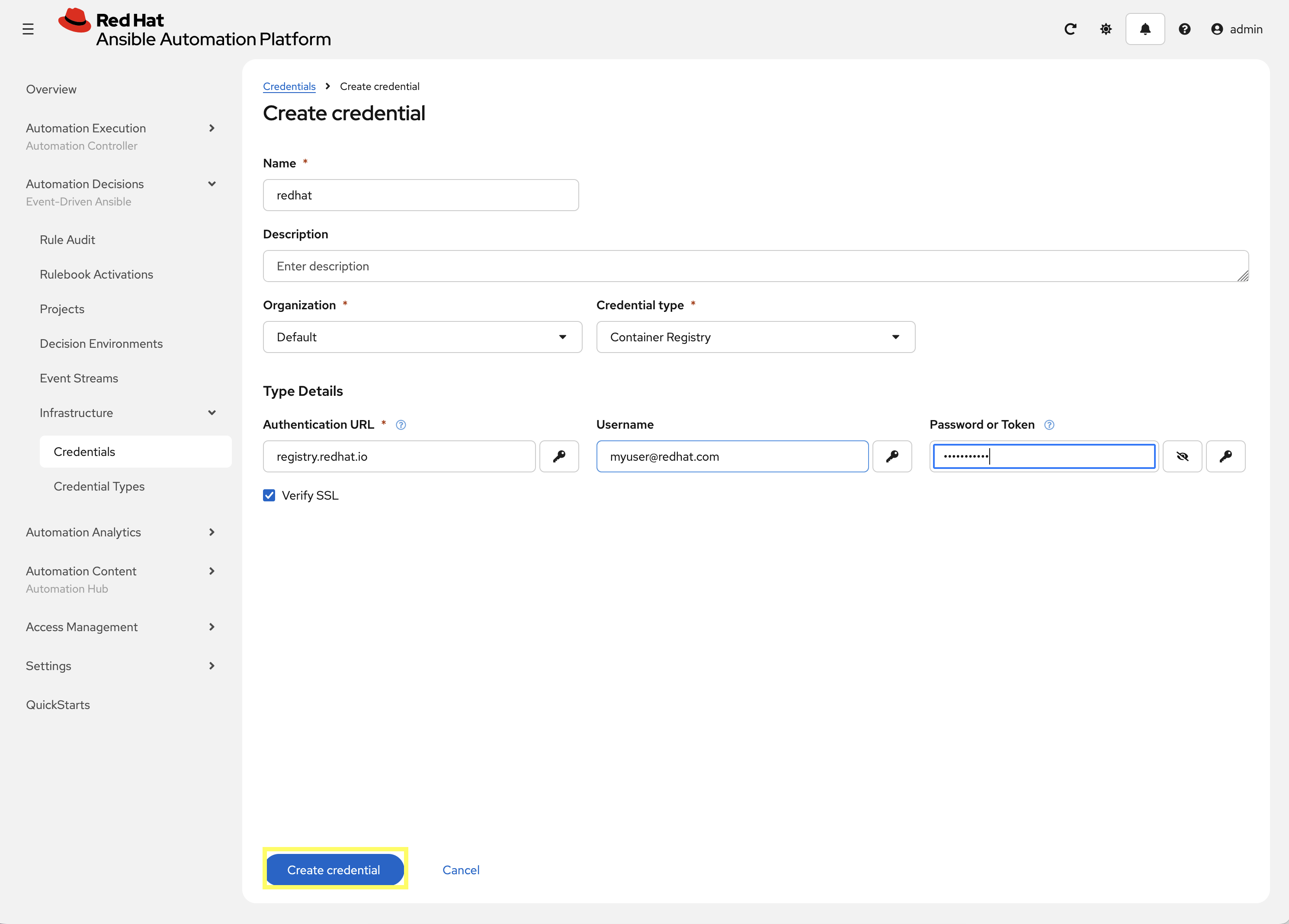 Create Decision Environment Credential