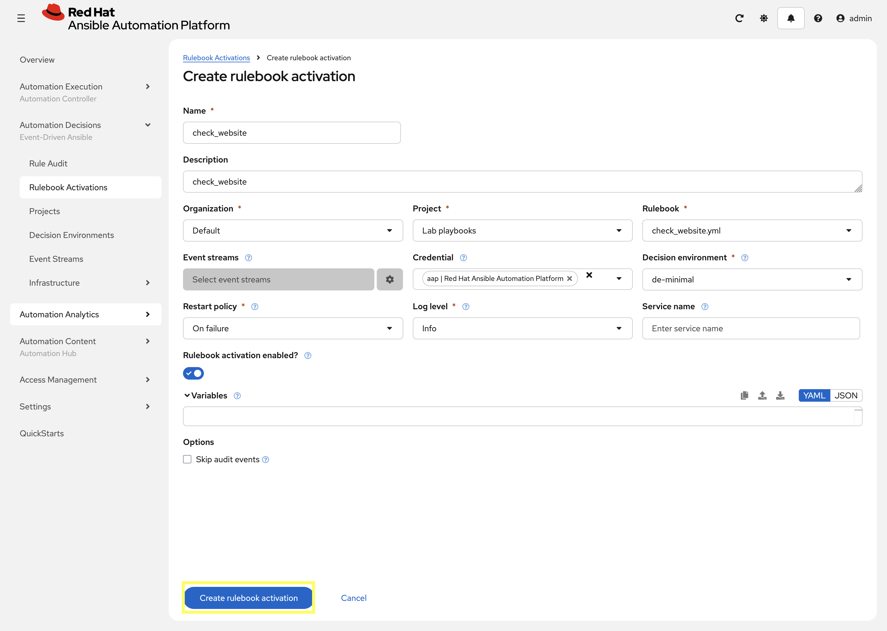 Create Rulebook Activation Dialog