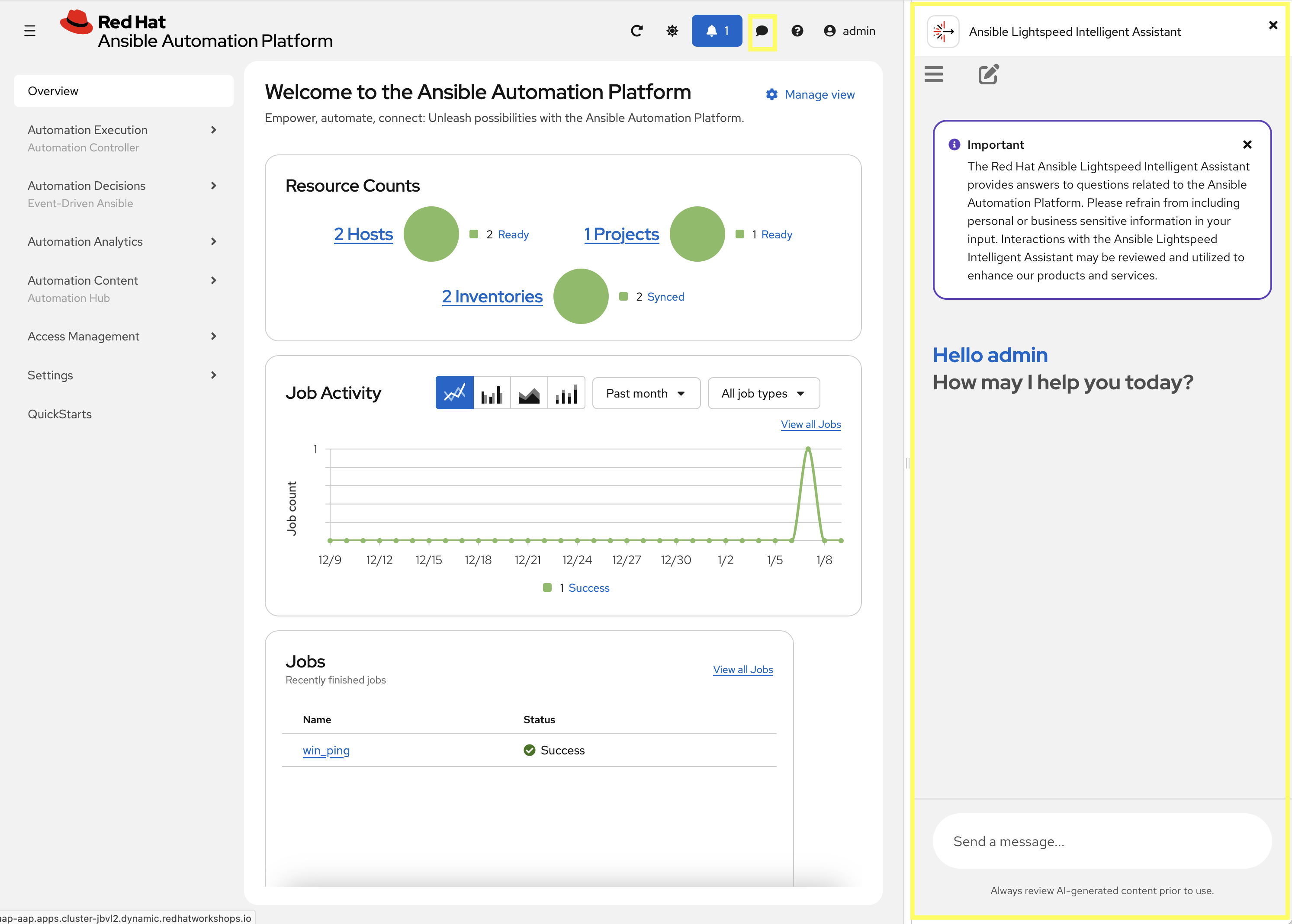 Accessing Ansible Lightspeed intelligent assistant in AAP