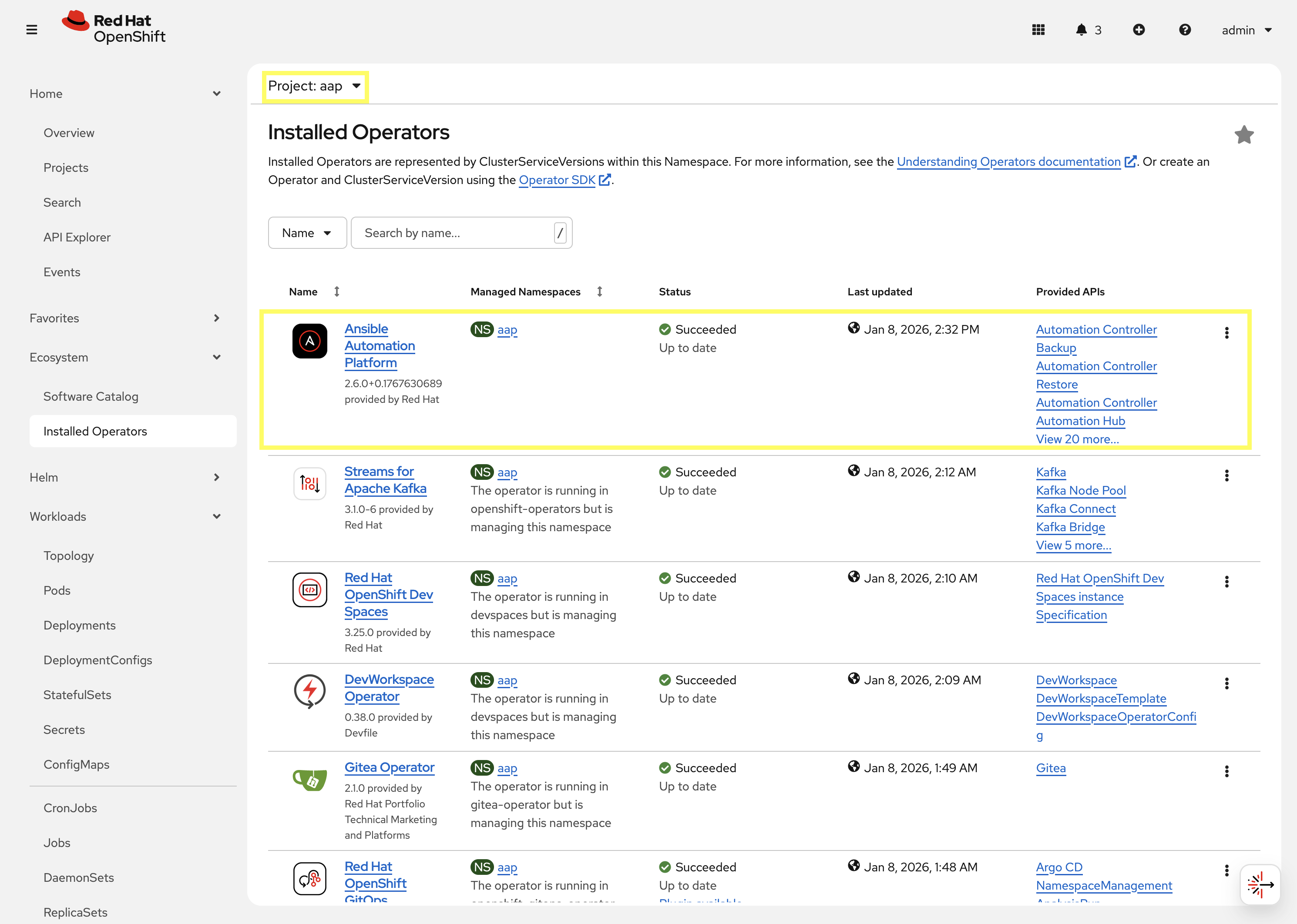 Installed Operators in the aap Project
