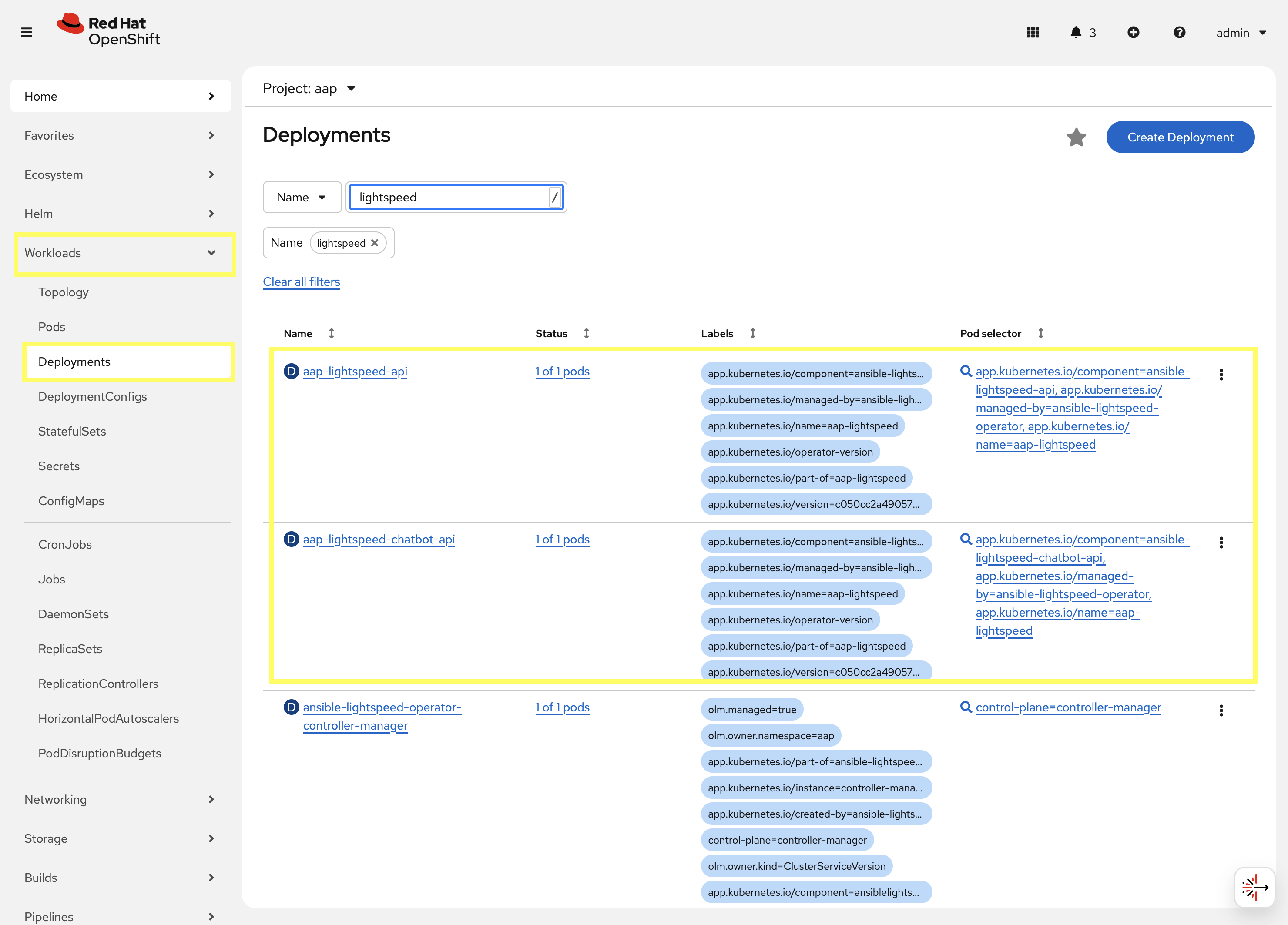 Ansible Lightspeed intelligent assistant Deployments