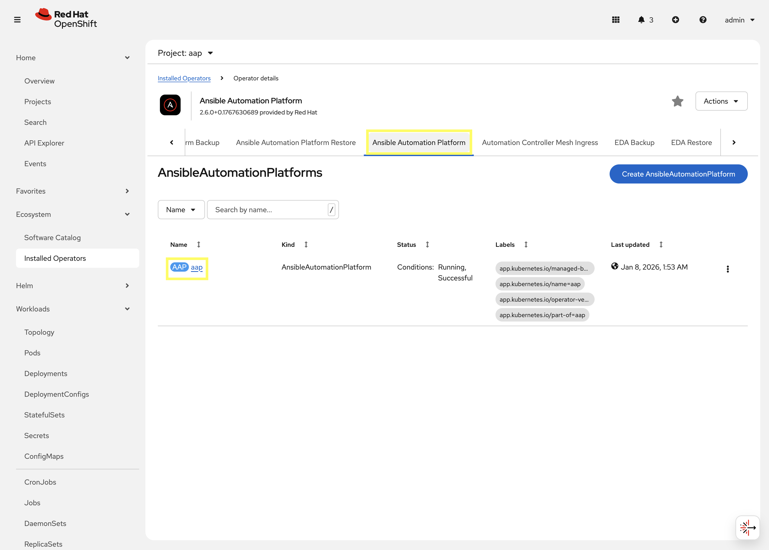 Ansible Automation Platform Instances in the aap Project