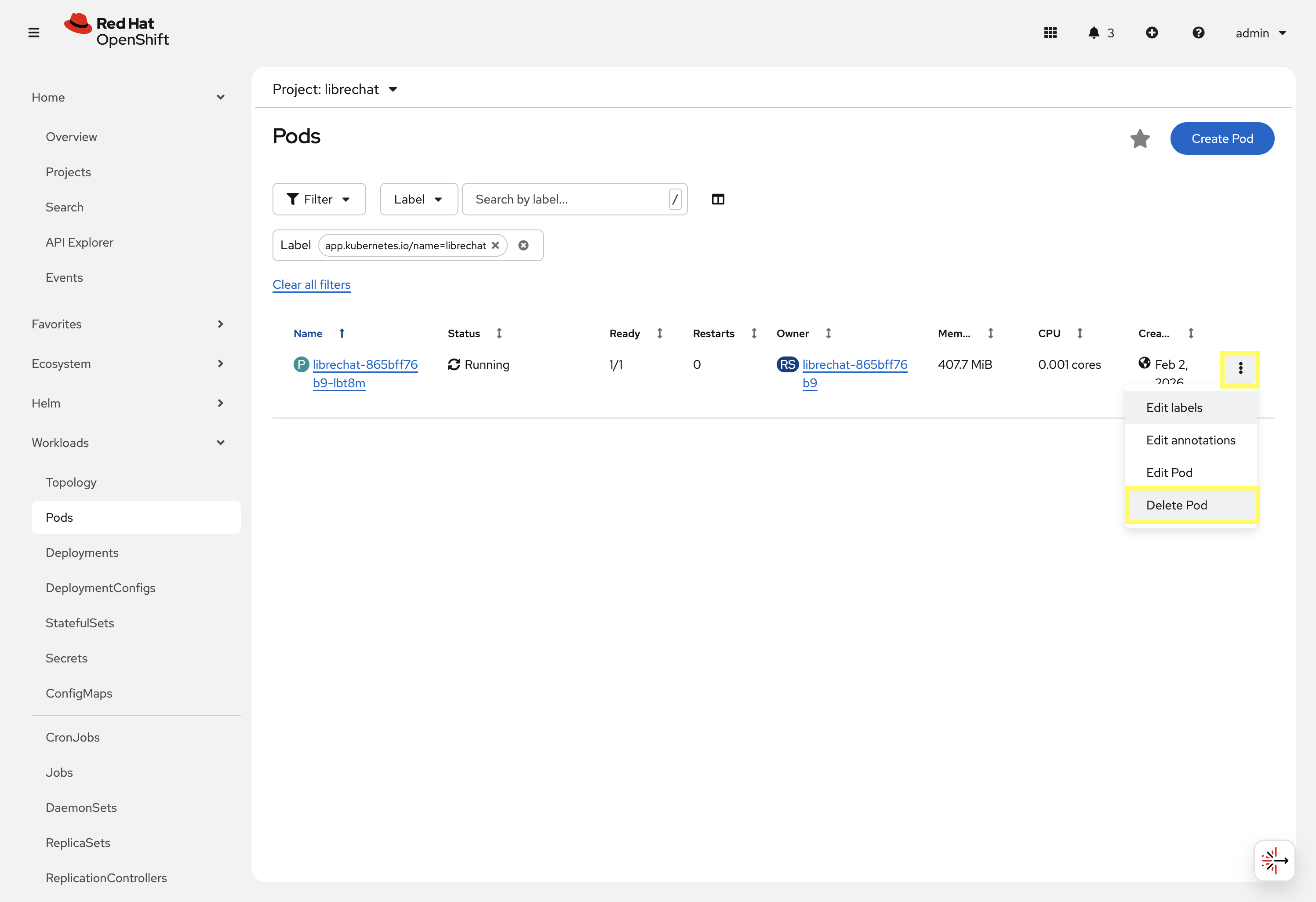 Delete the librechat Pod