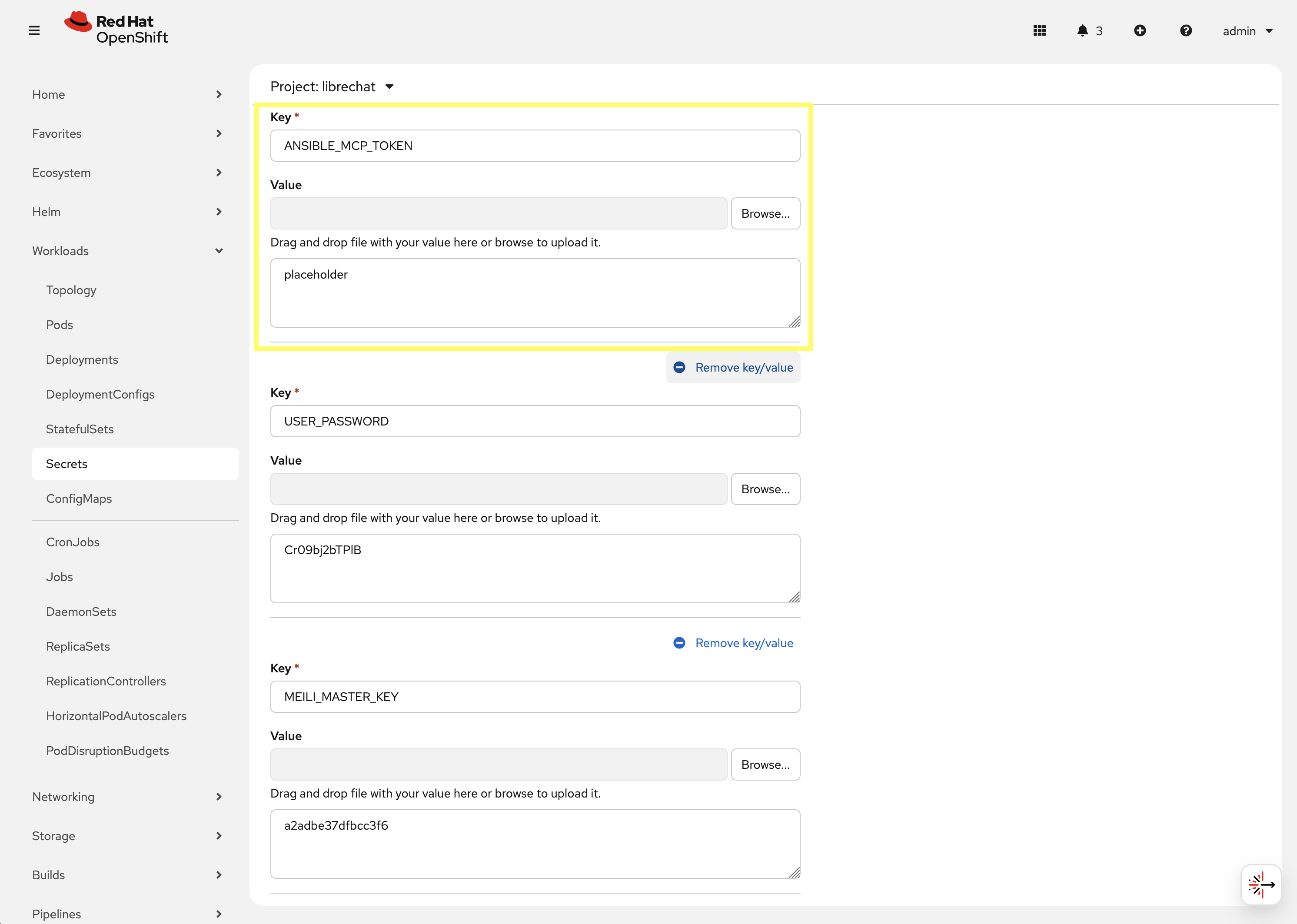 Edit ANSIBLE_MCP_TOKEN in the librechat-credentials-env Secret