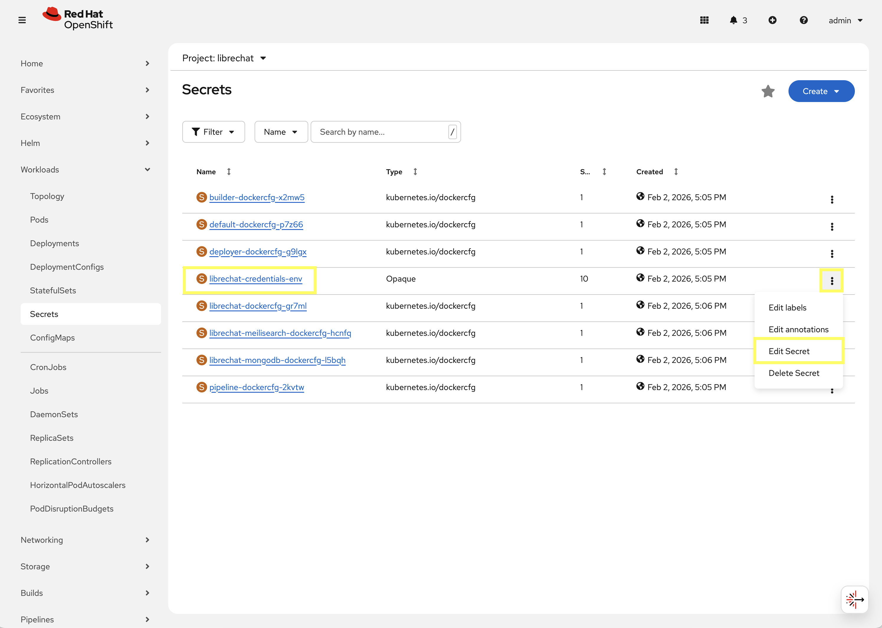 Edit the librechat-credentials-env Secret