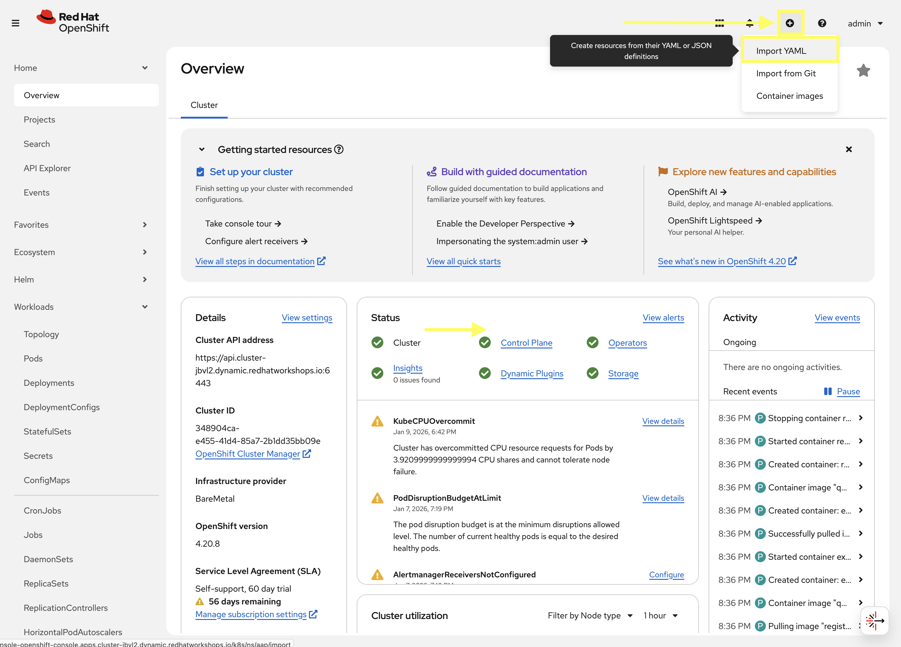 Import YAML option in OpenShift console