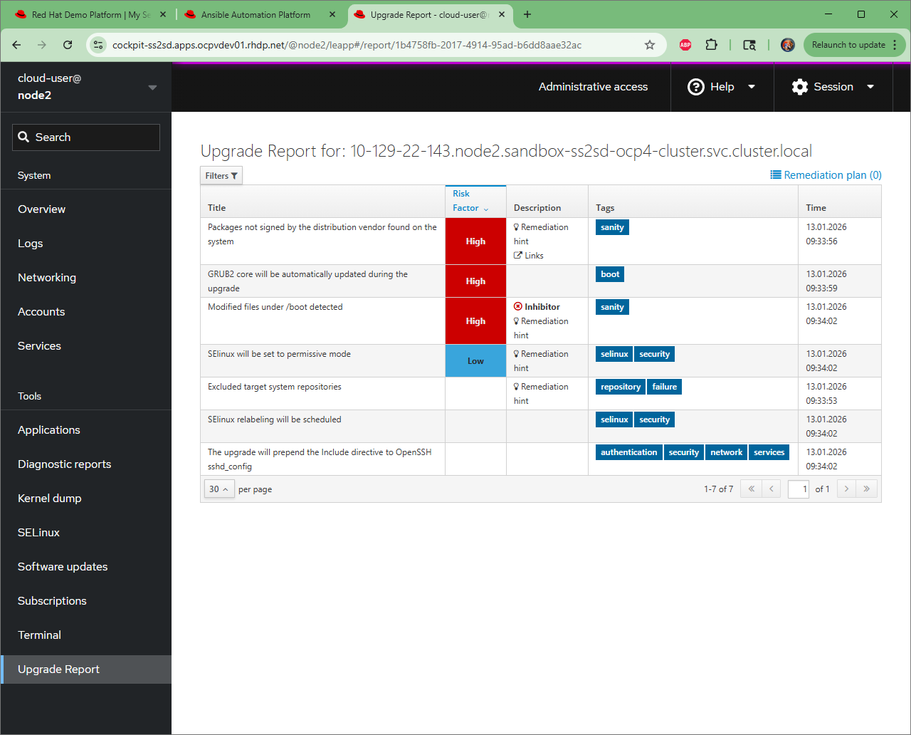 Pre-upgrade report showing inhibitor finding from custom actor
