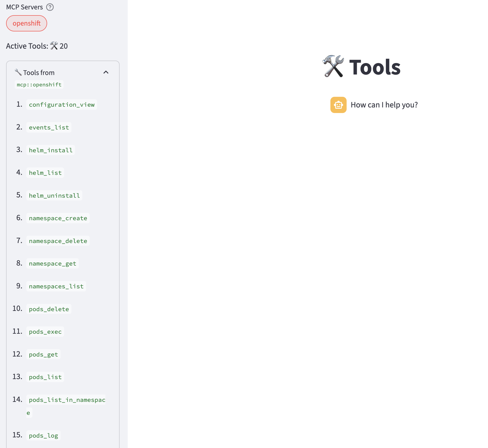 Llama Stack MCP OpenShift tool list