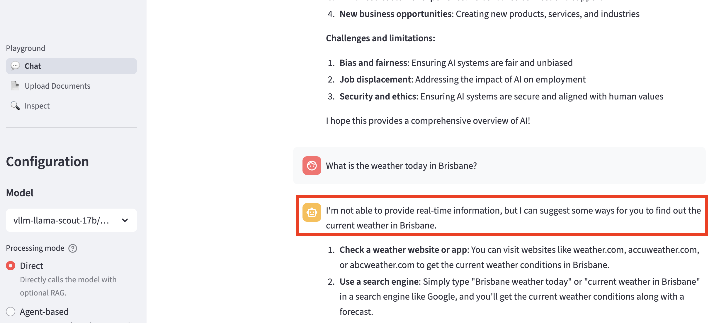 LlamaStack Playground without websearch