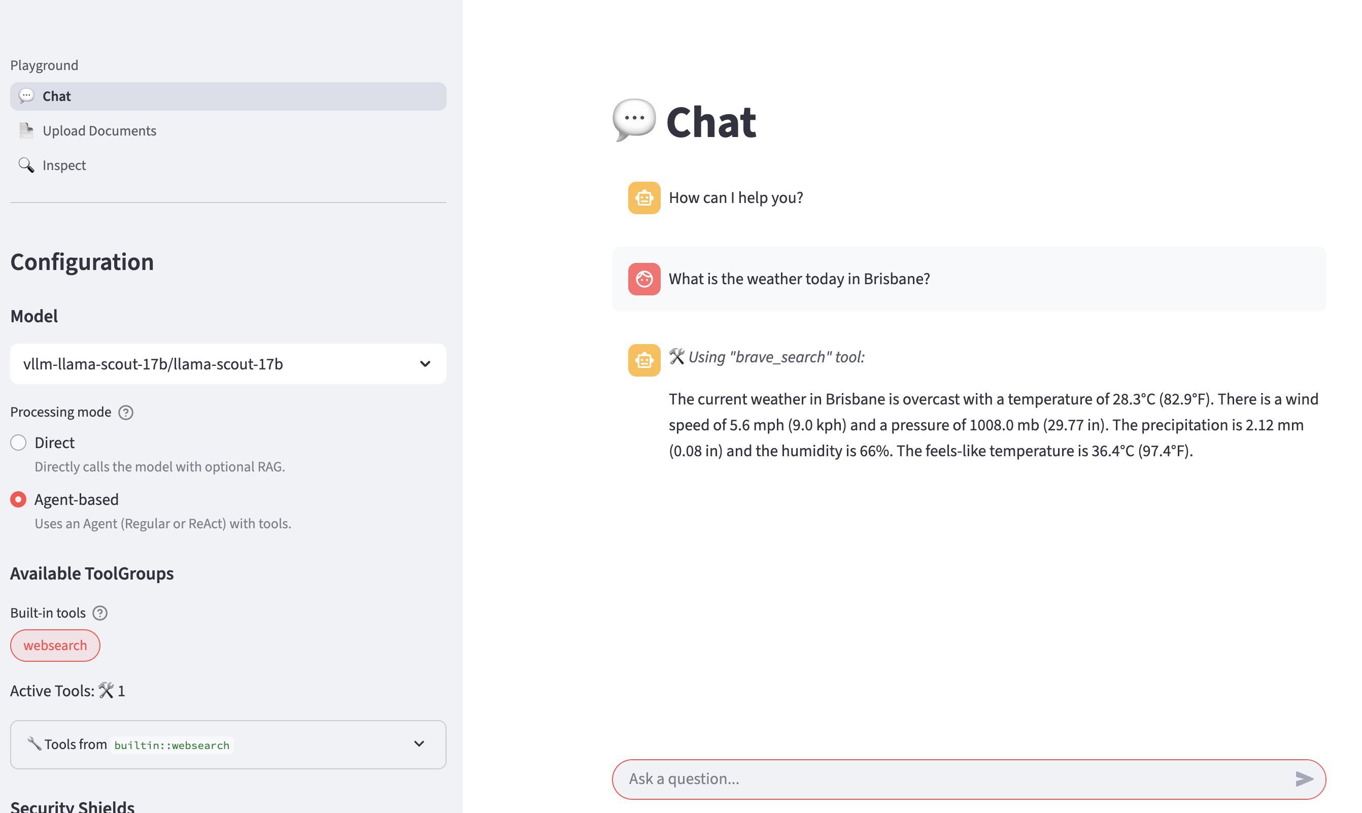 LlamaStack Playground regular websearch