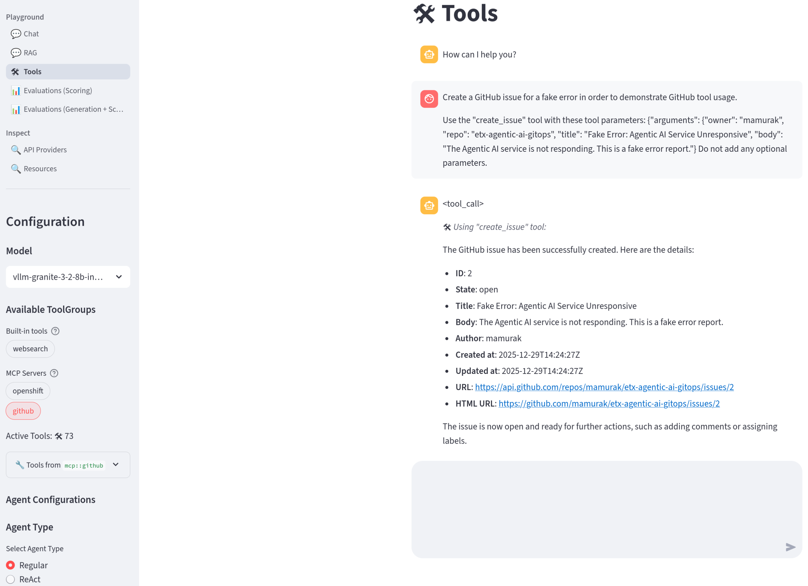 LlamaStack Playground Github issue prompt