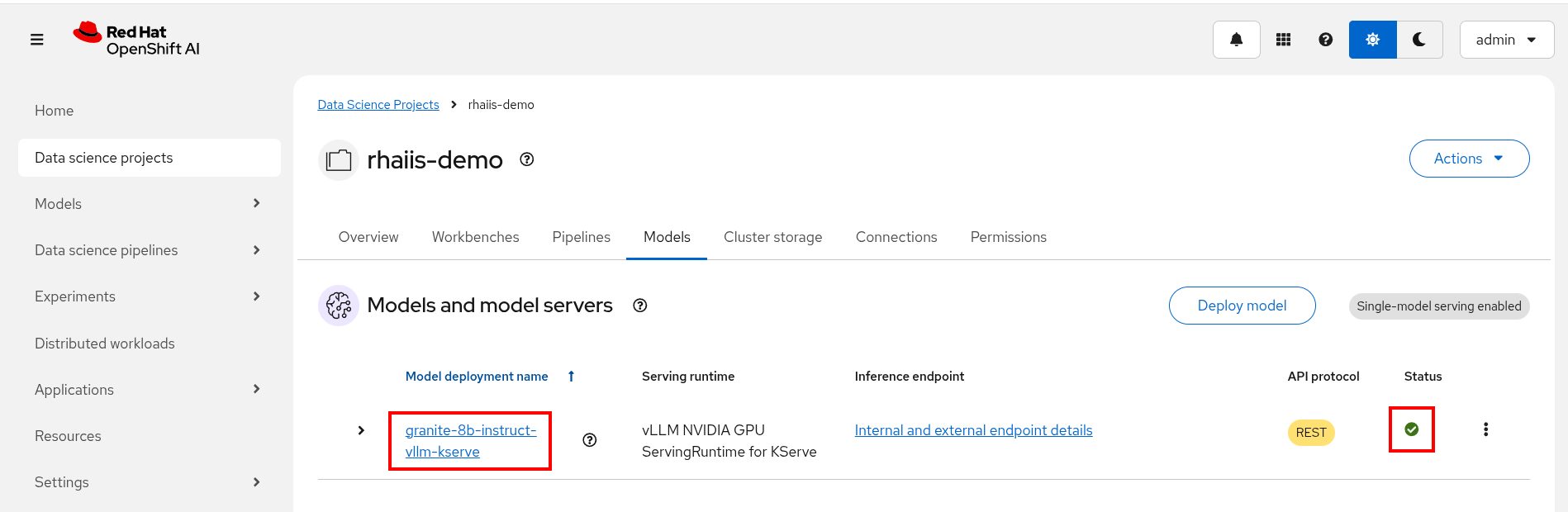 Granite deployed on RHOAI