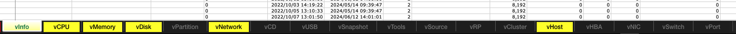 rvtools exported worksheets