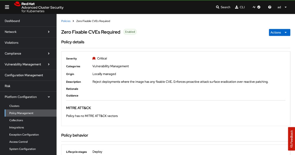 ACS Policy detail view for Zero Fixable CVEs Required showing Critical severity and Deploy lifecycle