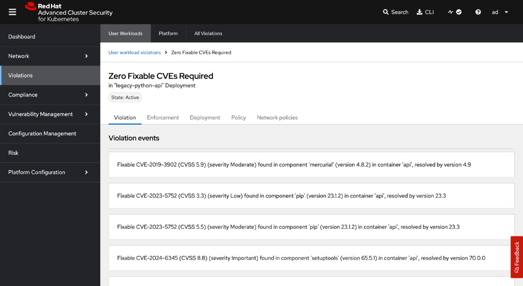 Violation detail showing fixable CVEs in mercurial pip and setuptools components