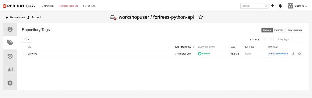 Quay Repository Tags for fortress-python-api showing Passed security scan