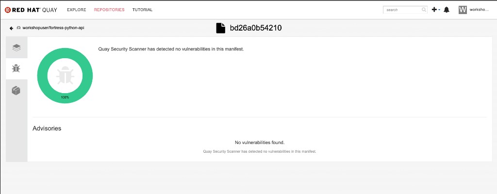 Clair Security Scanner showing no vulnerabilities in fortress-python-api