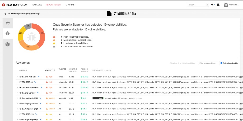 Clair Security Scan showing 10 fixable vulnerabilities in legacy-python-api
