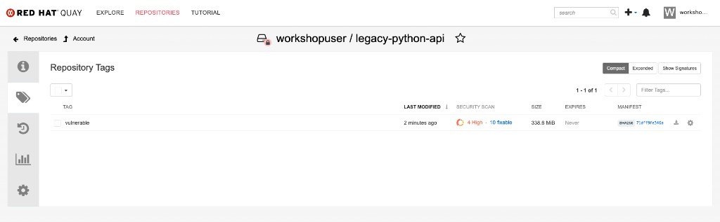 Quay Repository Tags for legacy-python-api