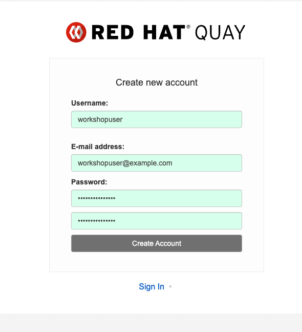 Quay Create Account page