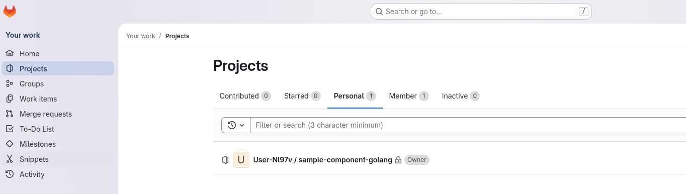 GitLab Projects page with the Personal tab selected