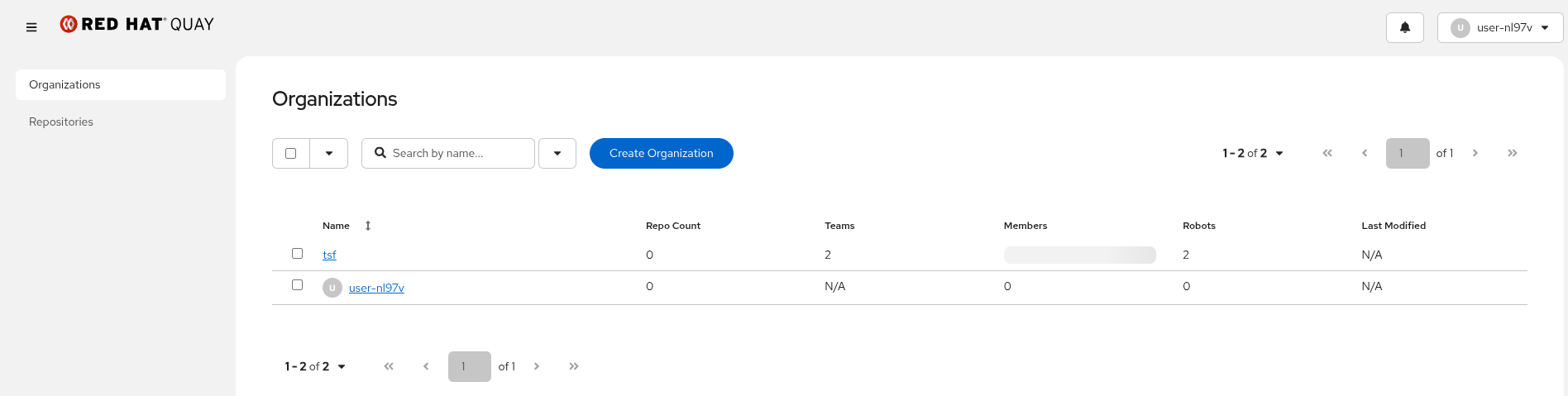 Quay Organizations page showing the tsf organization where all lab images are stored