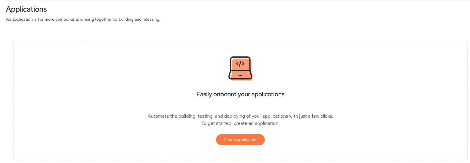 Konflux Applications page showing an empty application list with a Create application button