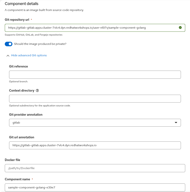 Konflux Add component form showing the Git repository URL