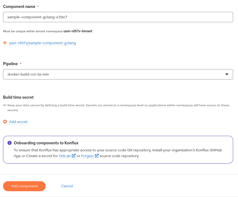 Konflux Add component form showing the Dockerfile path