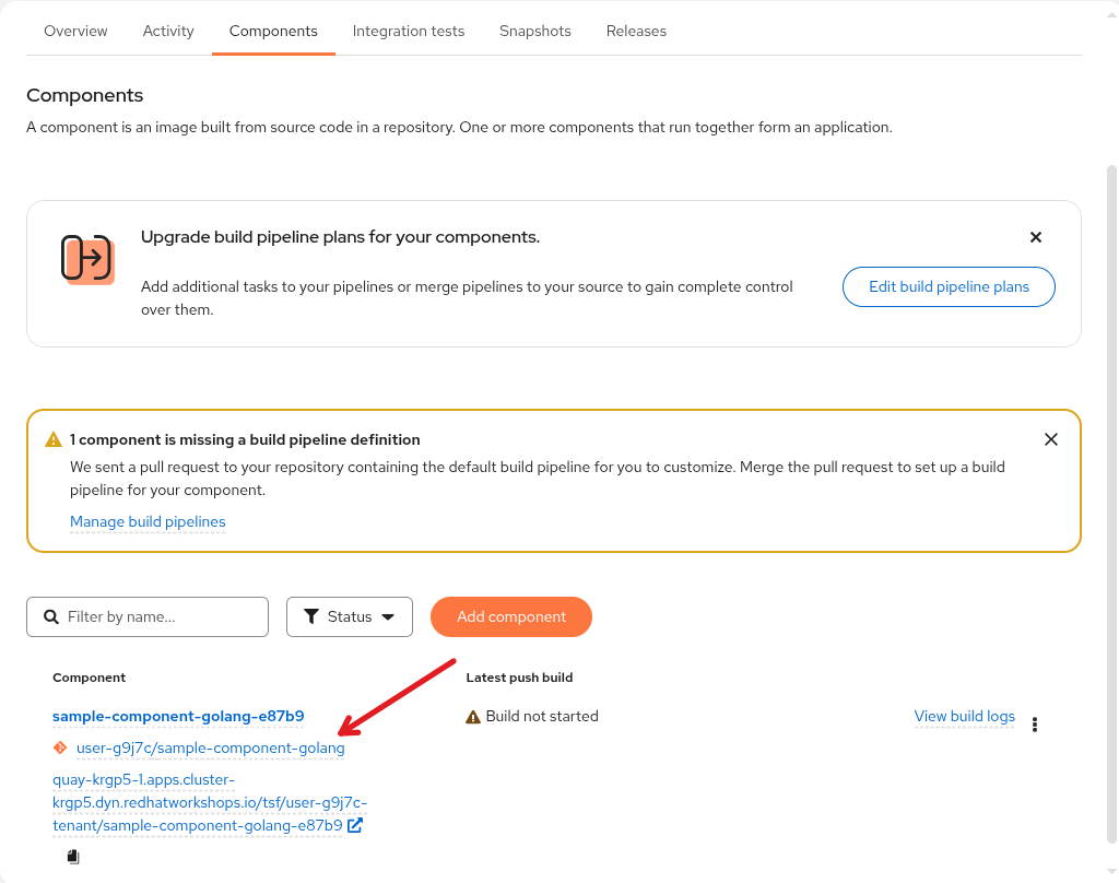 Konflux Applications view showing the sample-component-golang Component card with the linked GitLab repository URL visible