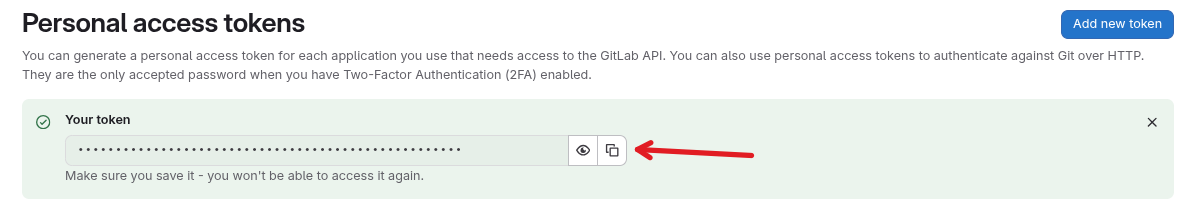 GitLab Personal access tokens page showing the newly created token with the copy icon highlighted