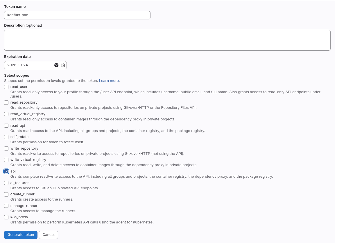 GitLab Personal access token creation form showing the Generate token button and the token value field