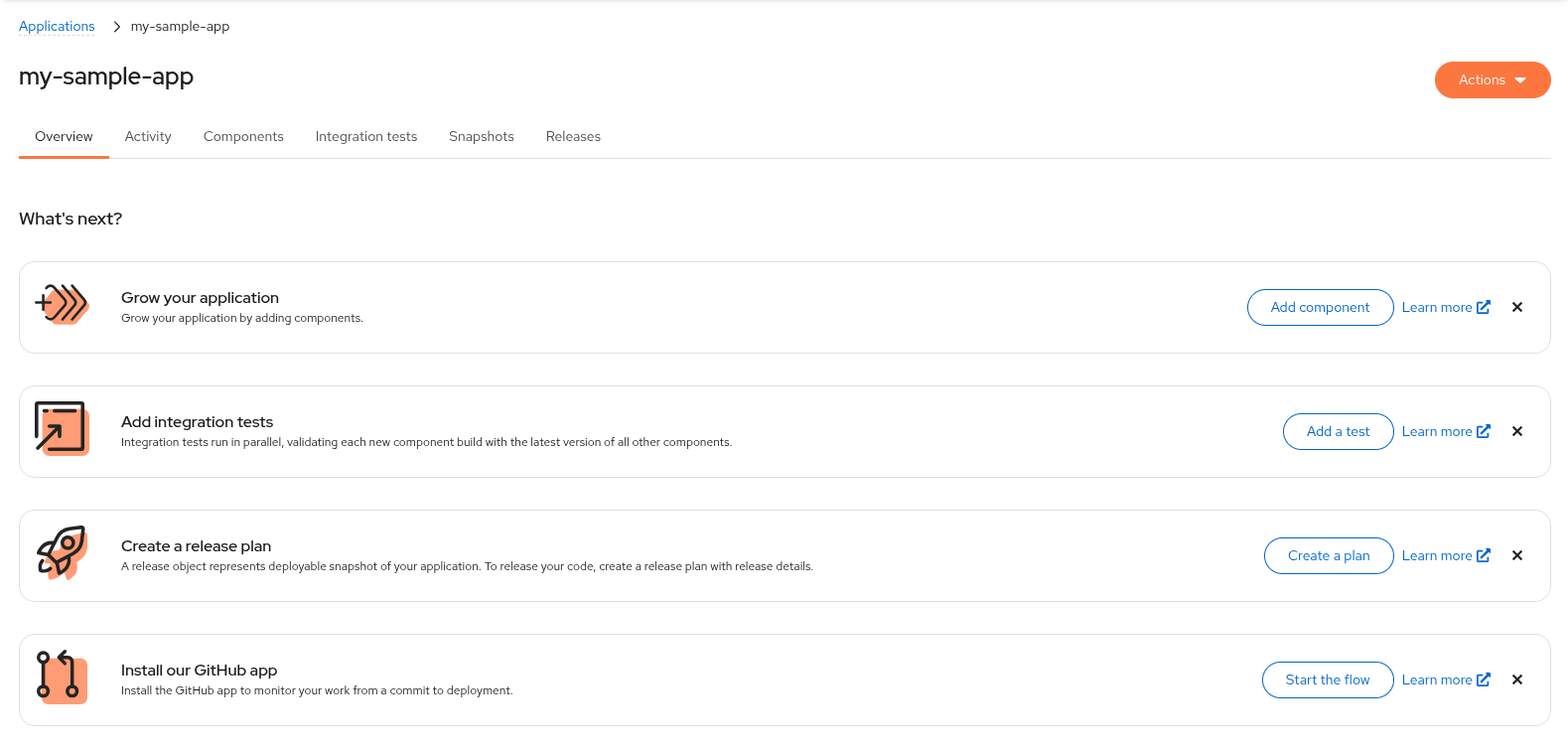 Konflux Application detail page for my-sample-app immediately after creation
