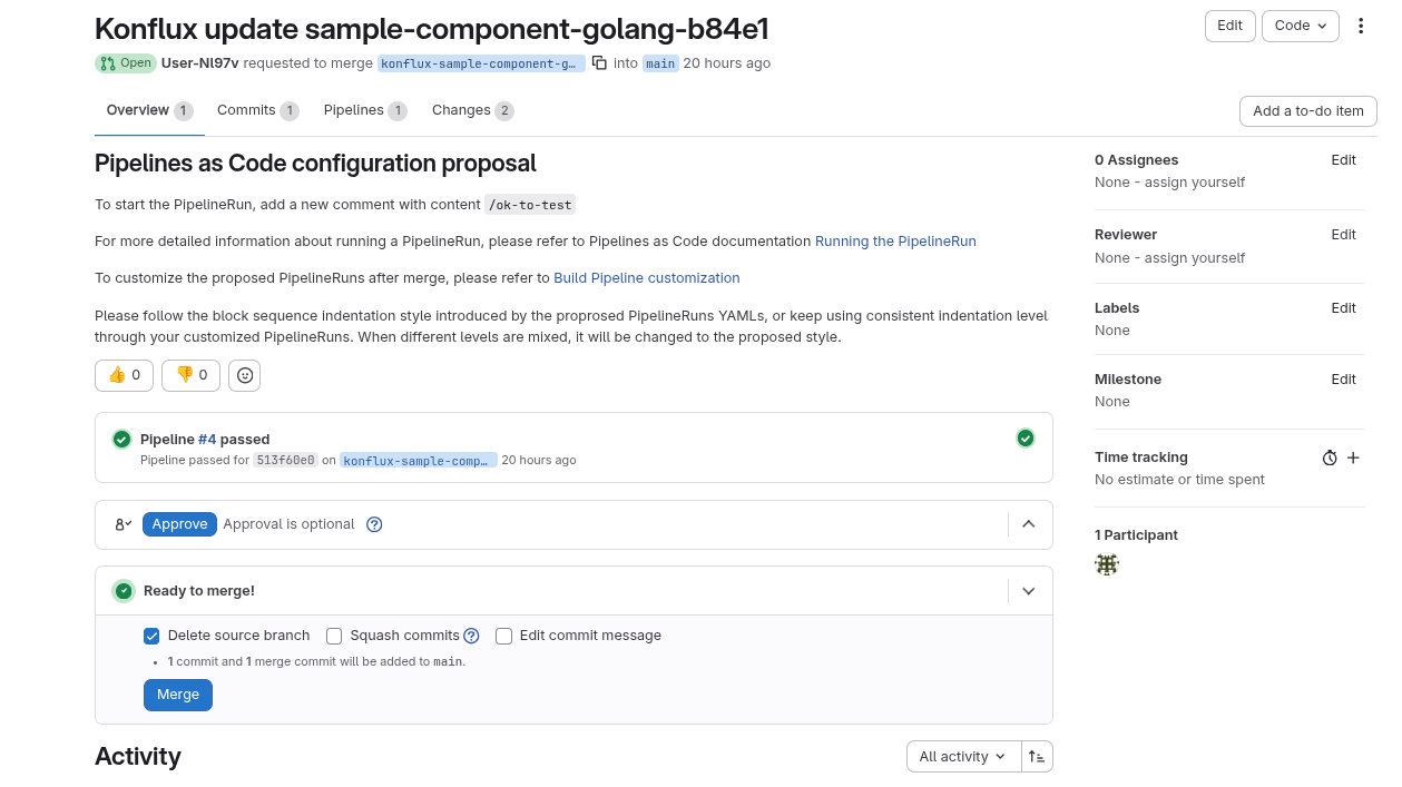 GitLab Merge Requests page showing an open merge request titled Konflux initial PipelineRun configuration with a green Open badge