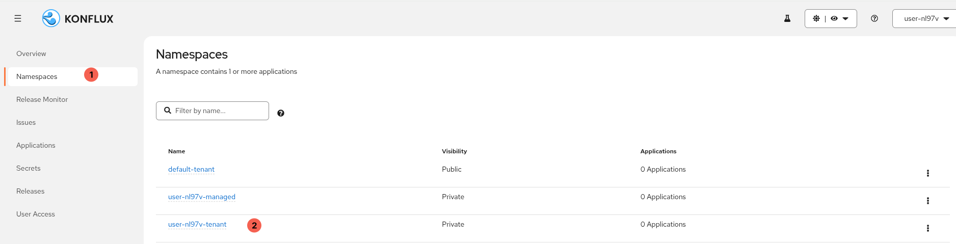 Konflux Namespaces page listing the available namespaces for the logged-in user