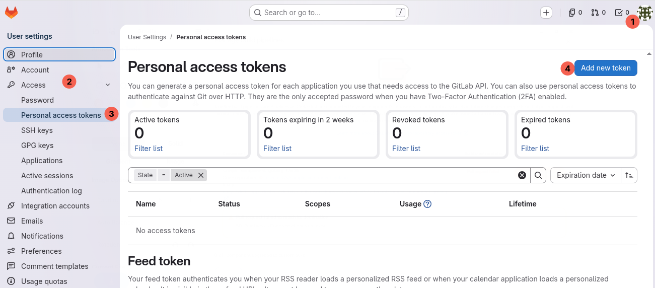GitLab Personal access tokens page accessed via the user avatar menu
