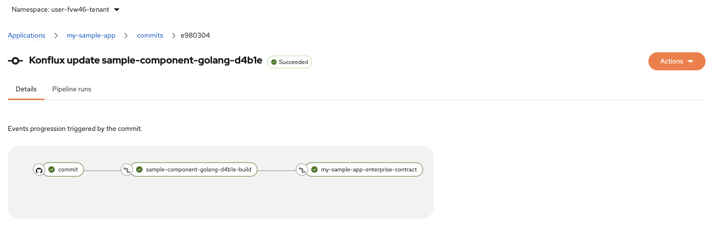 Konflux commit detail view showing the commit