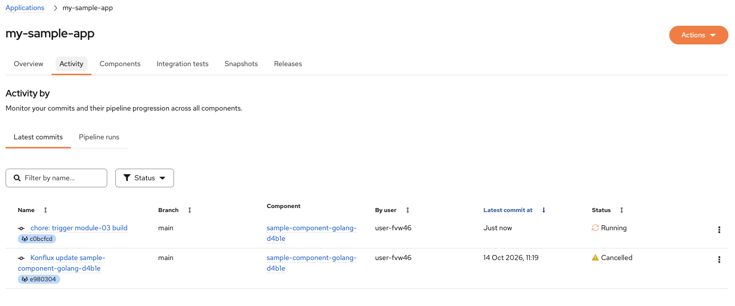 Konflux Activity tab with Latest commits showing chore: trigger module-03 build commit with Running status
