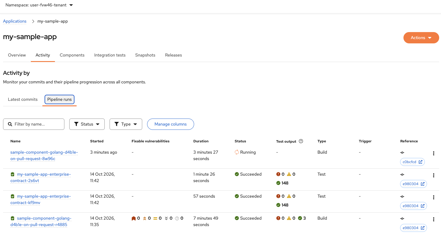 Konflux Activity tab with Pipeline runs tab selected showing sample-component-golang-d4ble-on-pull-request pipeline with Running status