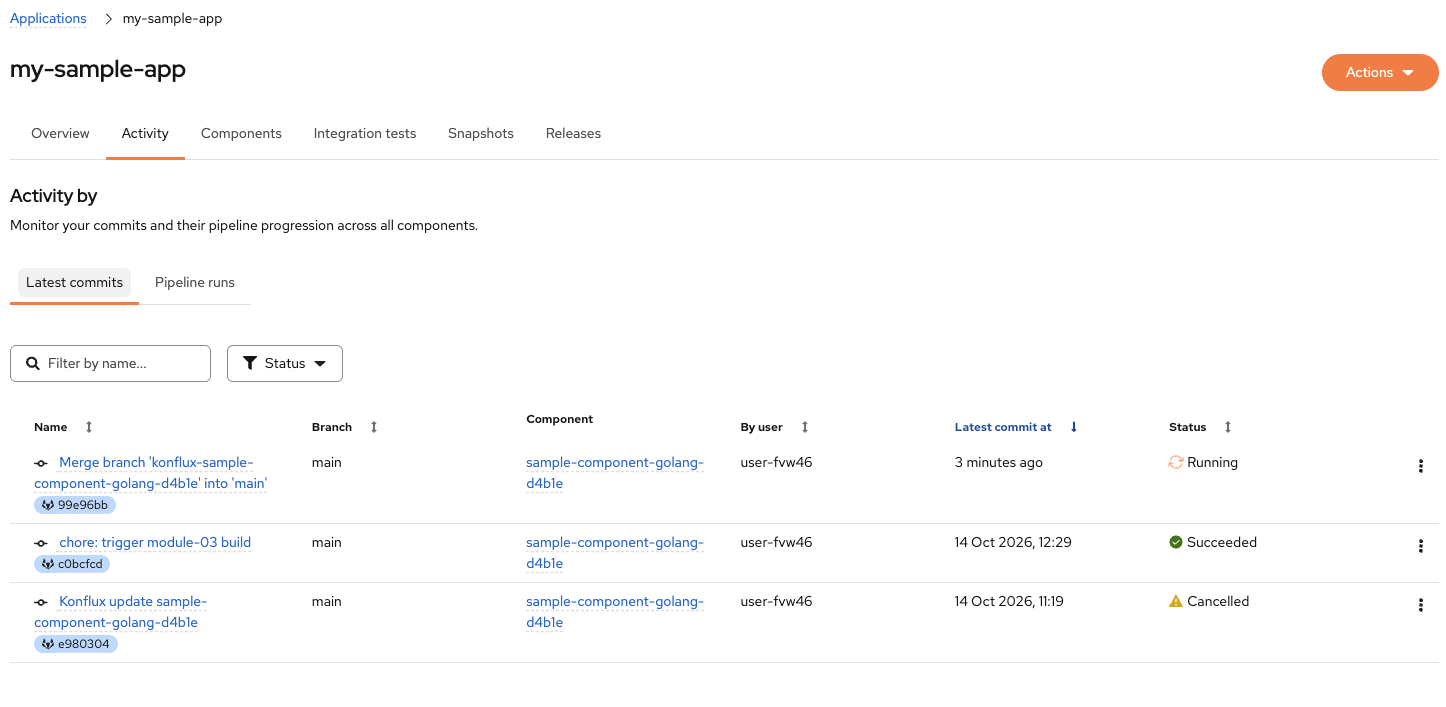 Konflux Activity Latest commits tab showing Merge branch commit with Running status on main branch