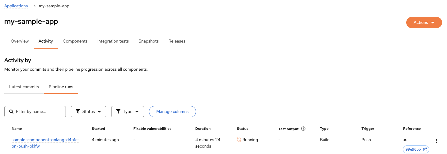 Konflux Activity Pipeline runs tab showing sample-component-golang-d4ble-on-push pipeline with Push trigger and Running status
