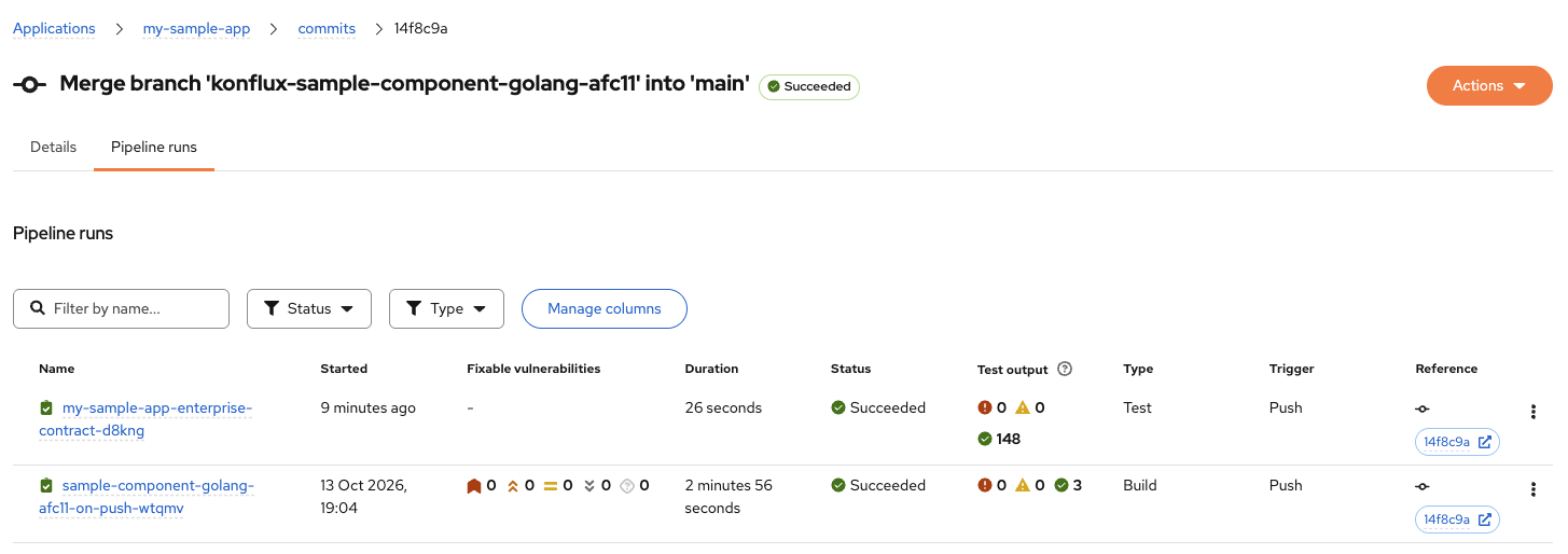 Konflux commit detail view with the Pipeline runs tab selected showing a Build pipeline run and an enterprise contract Test pipeline run