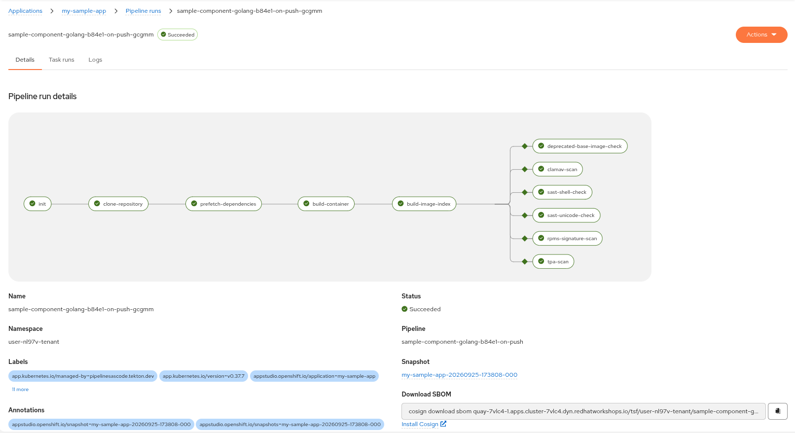 Konflux PipelineRun detail page showing the task graph with each stage displayed as a connected node