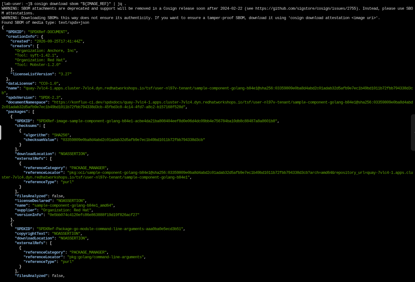 Terminal window showing the SPDX JSON output from cosign download sbom with the packages array expanded