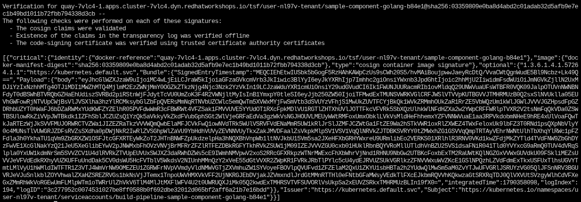 Terminal showing cosign verify output with three validation checks and the JSON certificate payload confirming the image digest and signing identity