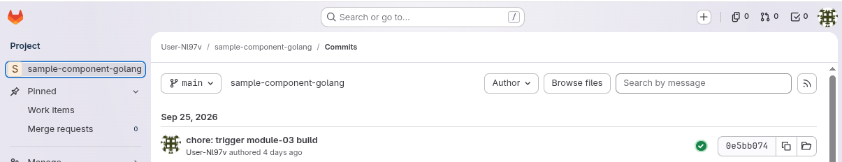 GitLab repository commit history page showing the commit SHA that matches the commit field in the SLSA provenance attestation