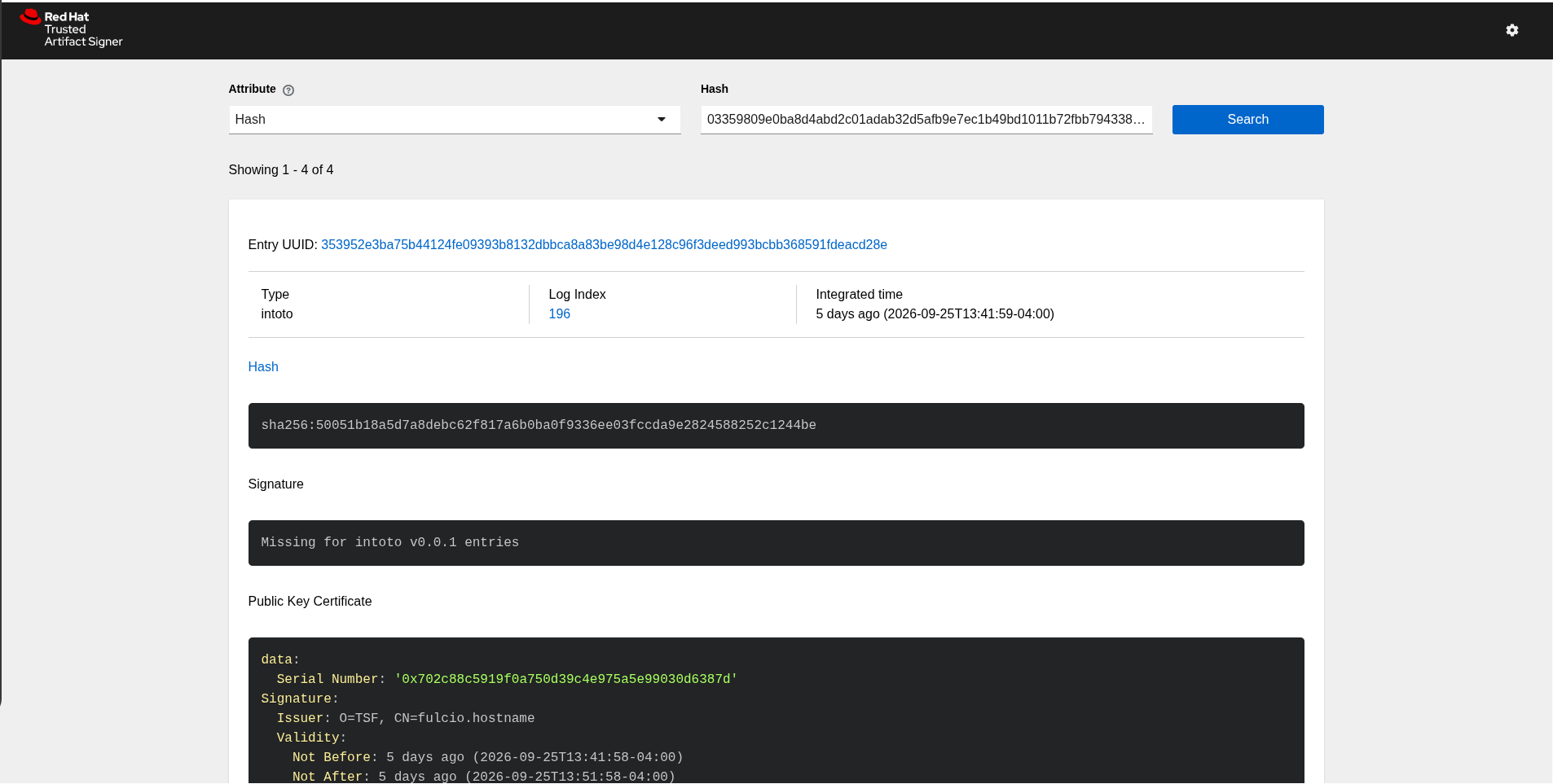 Rekor Search UI showing multiple log entries for the image digest including SLSA provenance and SBOM attestation records
