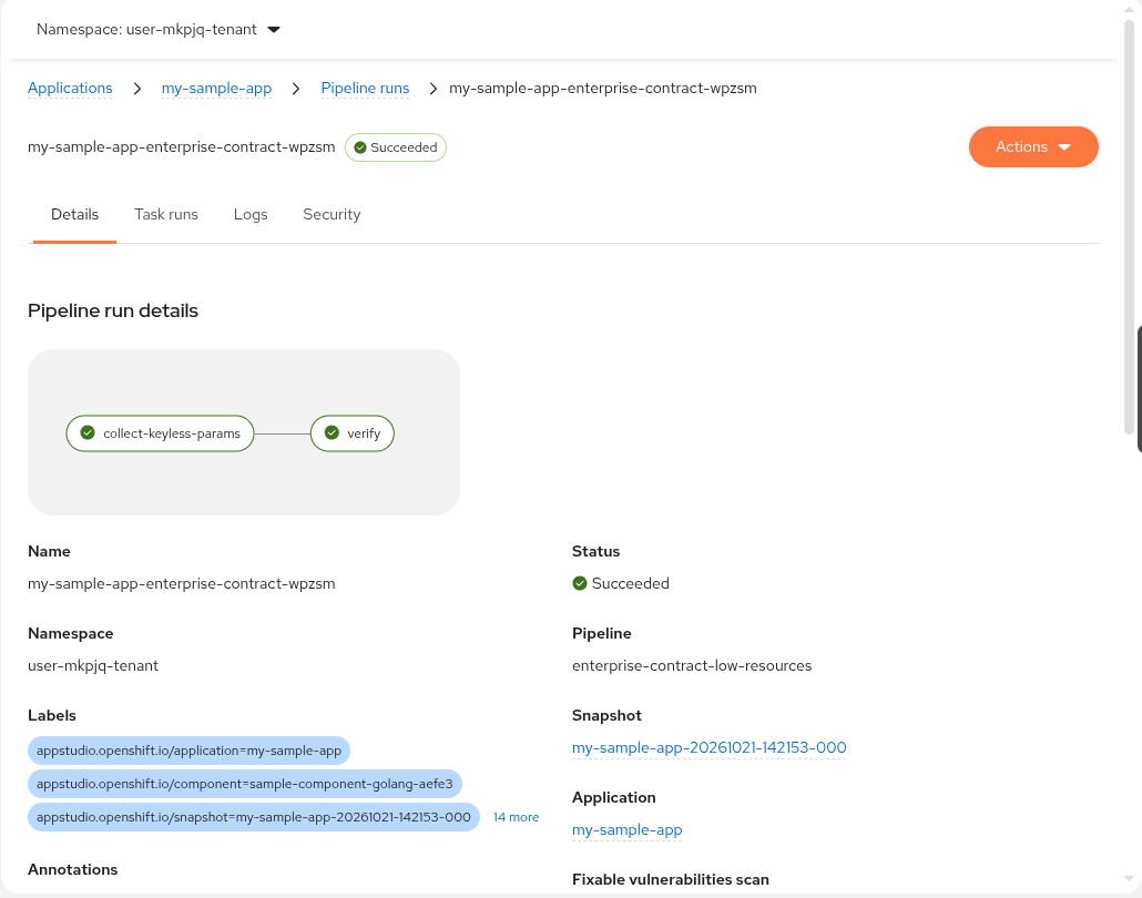 Konflux Integration pipeline run detail view showing Succeeded status and TEST_OUTPUT JSON with result SUCCESS and failures 0