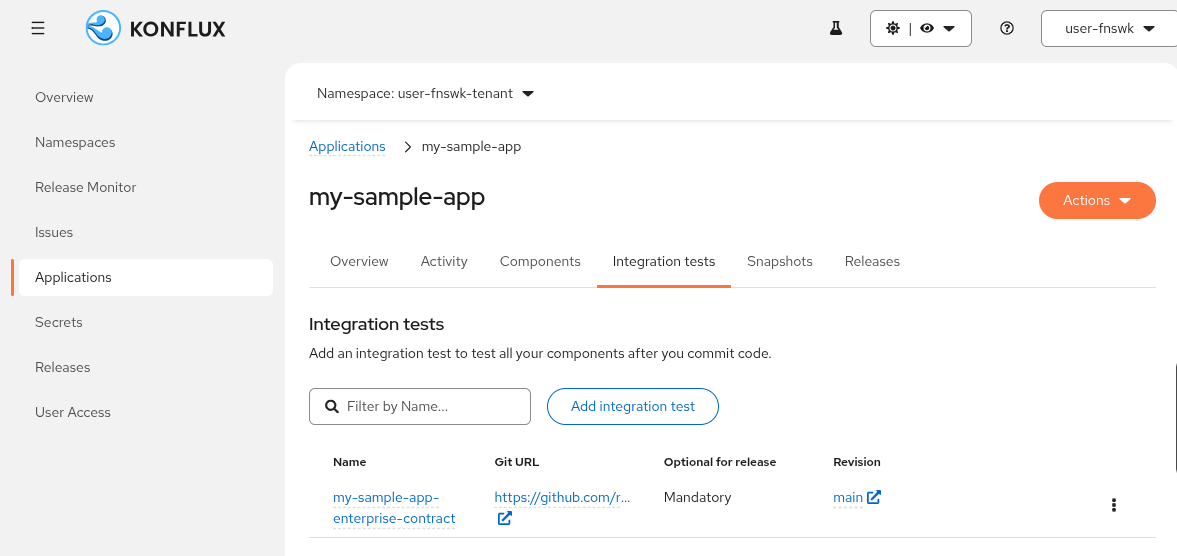 Konflux Integration tests tab for my-sample-app listing the enterprise contract integration test scenario